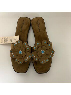 No Boundaries Brown Faux Suede Slides Womens Size 8 Boho Studded Floral Shoe NEW